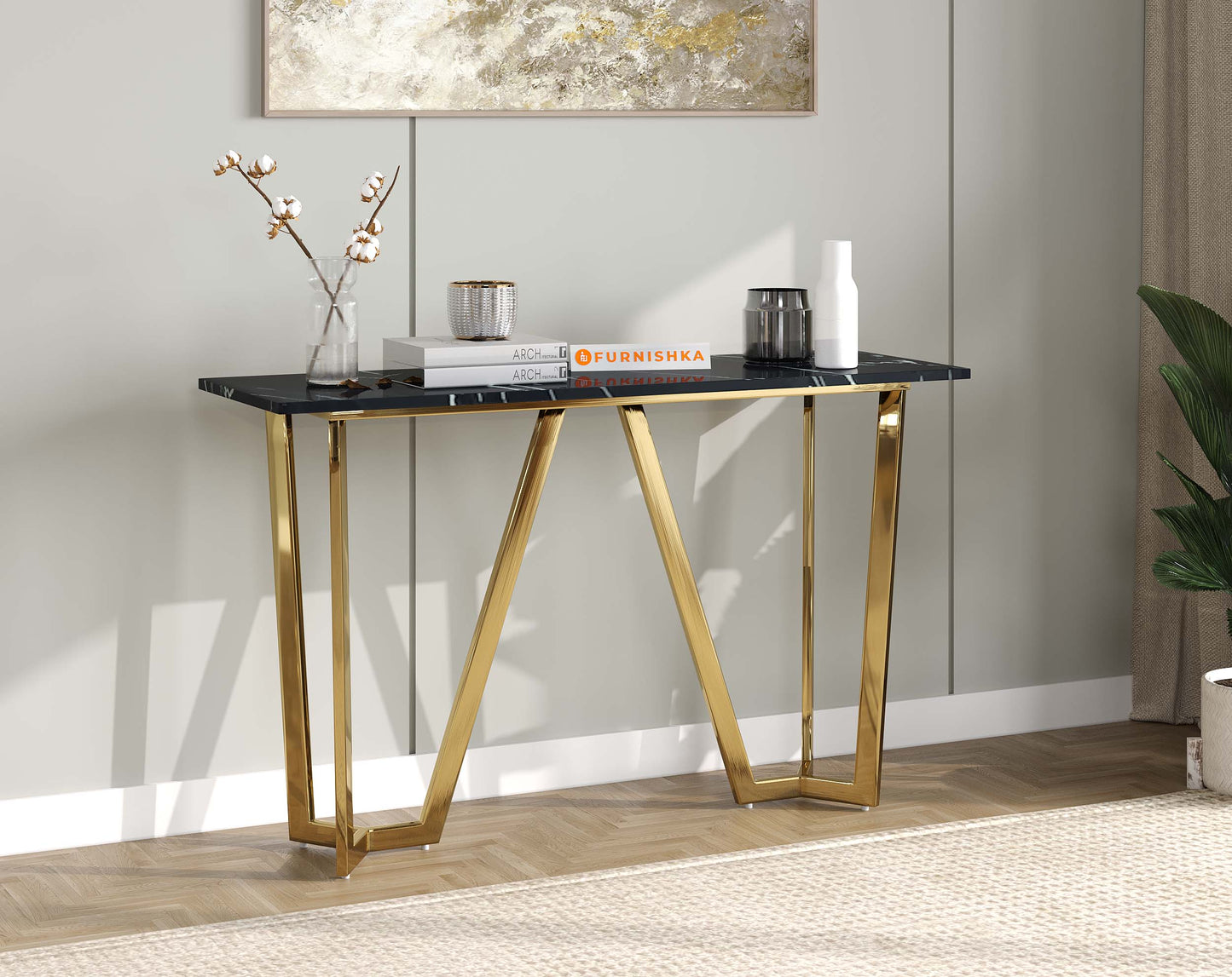Olzaa Console Table with Black Engineered Marble Top - Furnishka 