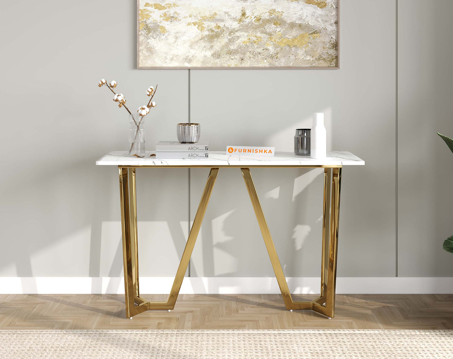 Olzaa Console Table with White Engineered Marble Top - Furnishka 