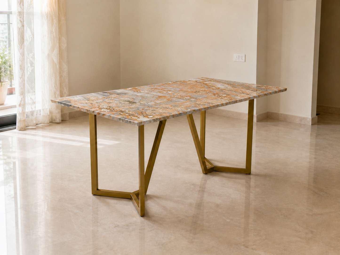 Olzaa Dining Table 6 Seater PVD Gold Base - Furnishka