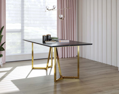 Olzaa Dining Table with Black Engineered Marble Top - 6 Seater - Furnishka 