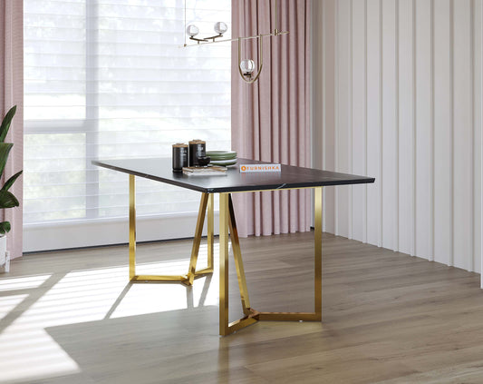 Olzaa Dining Table with Black Engineered Marble Top - 6 Seater - Furnishka 
