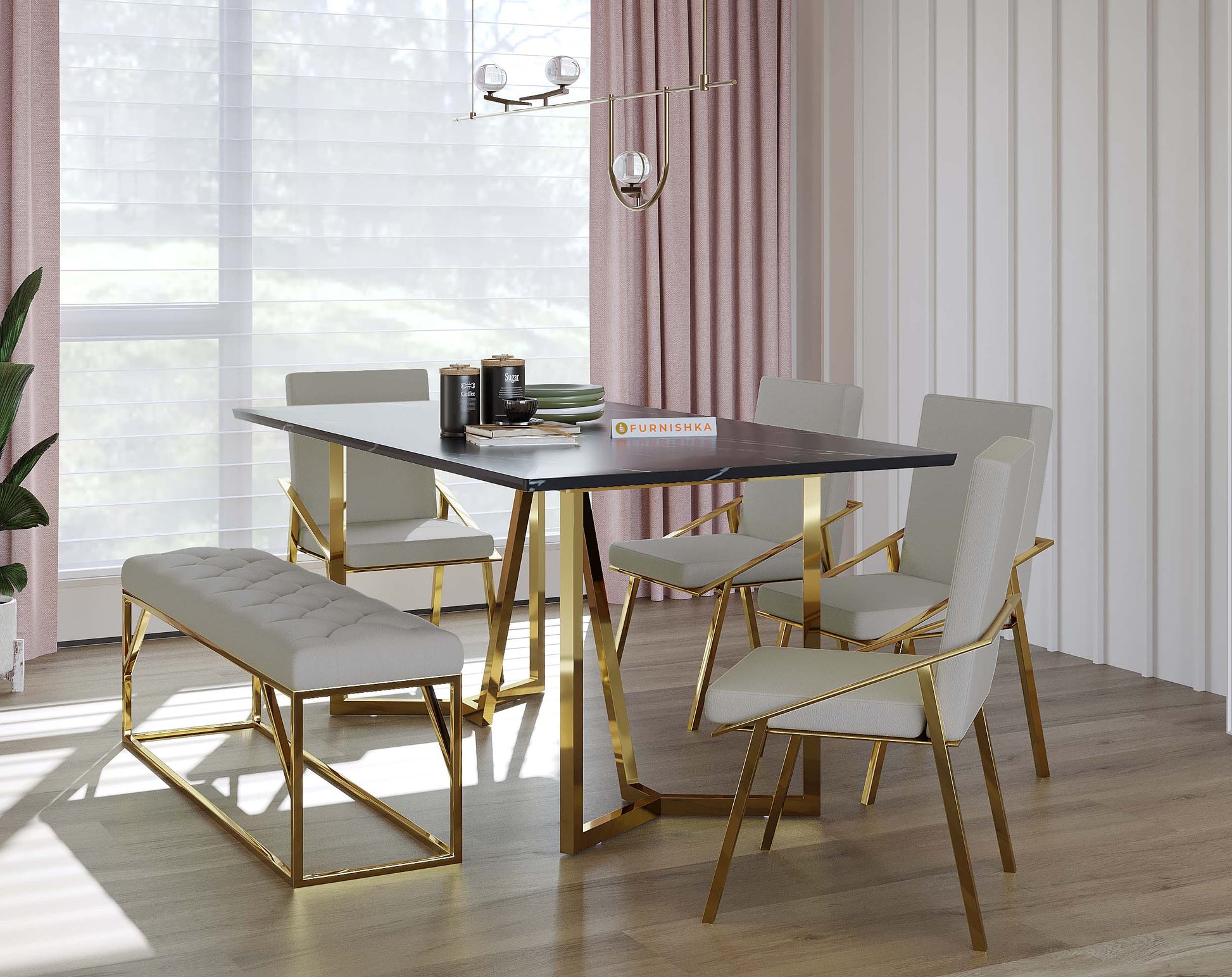 Olzaa Dining Table with Black Engineered Marble Top - 6 Seater - Furnishka 