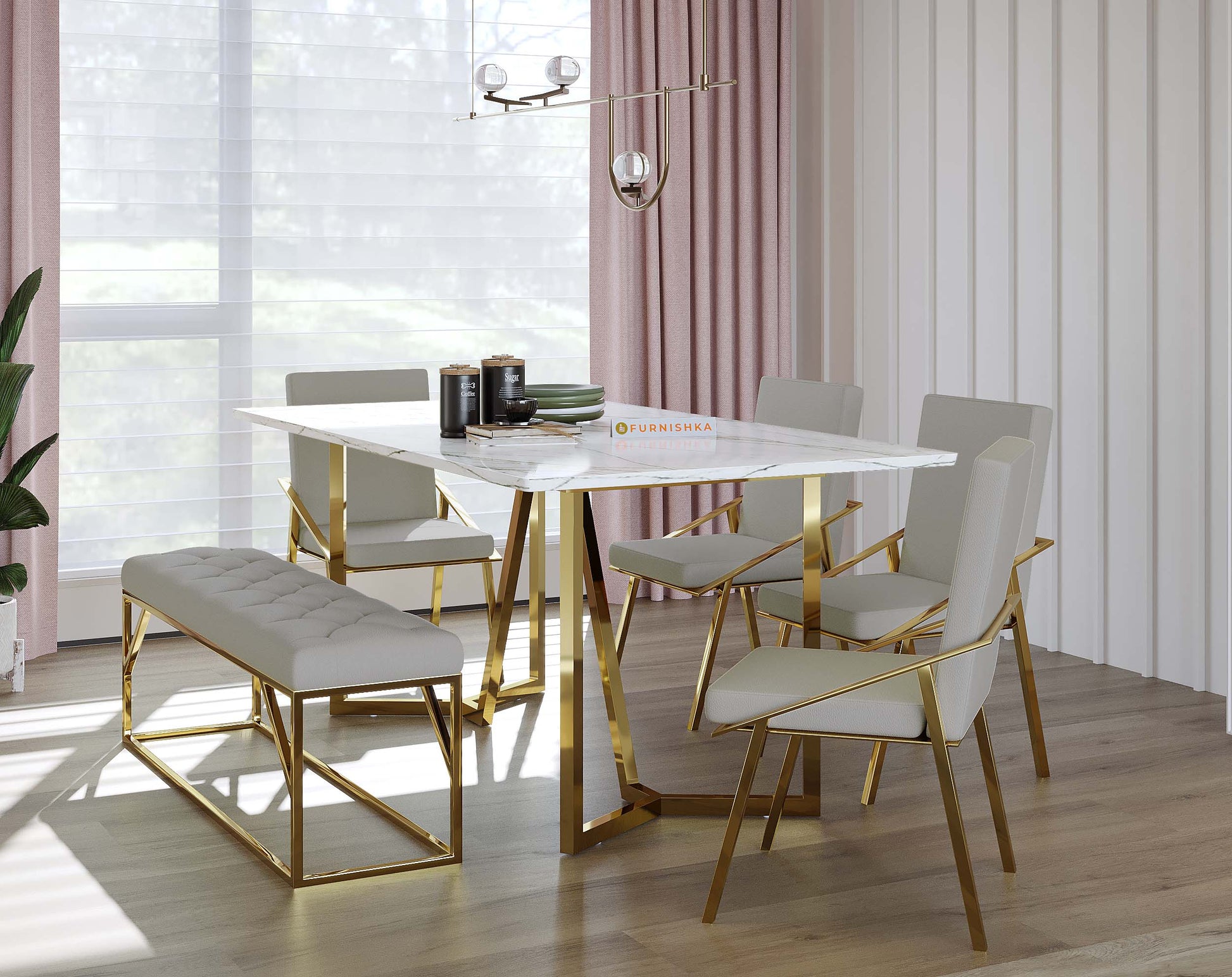 Olzaa Dining Table with White Engineered Marble Top - 6 Seater - Furnishka 