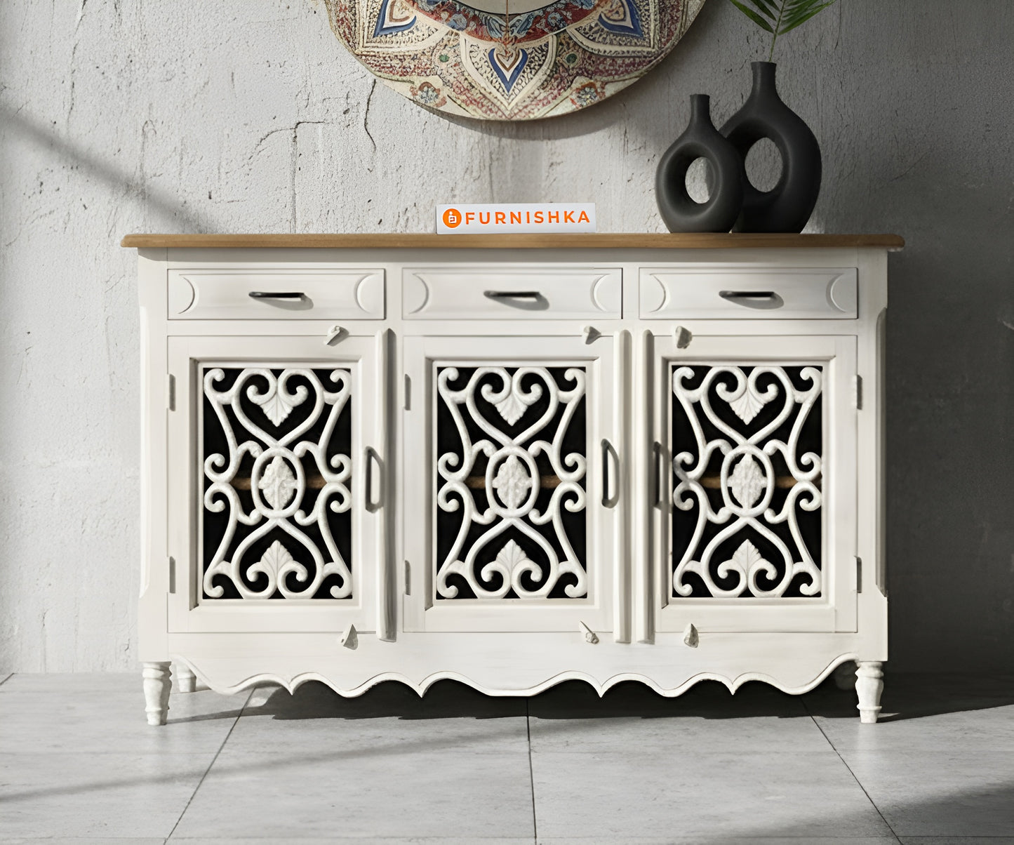 Ornate Scroll Carved Console with 3 drawers Distressed - Furnishka 