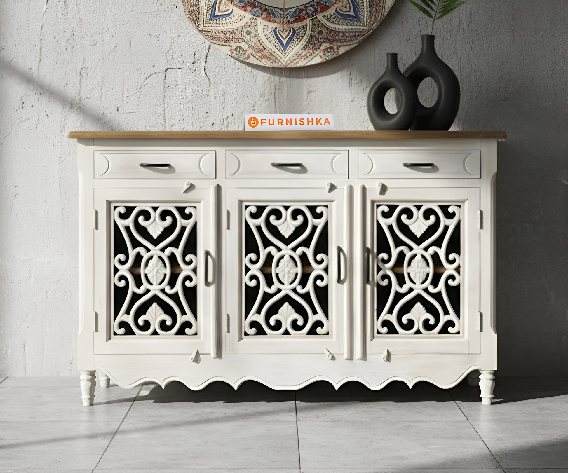 Ornate Scroll Carved Console with 3 drawers Distressed - Furnishka 