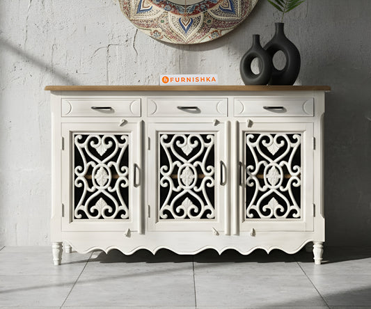 Ornate Scroll Carved Console with 3 drawers Distressed