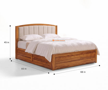 Alessia Teak Wood Bed with Hydraulic Storage Queen Size in Bone White