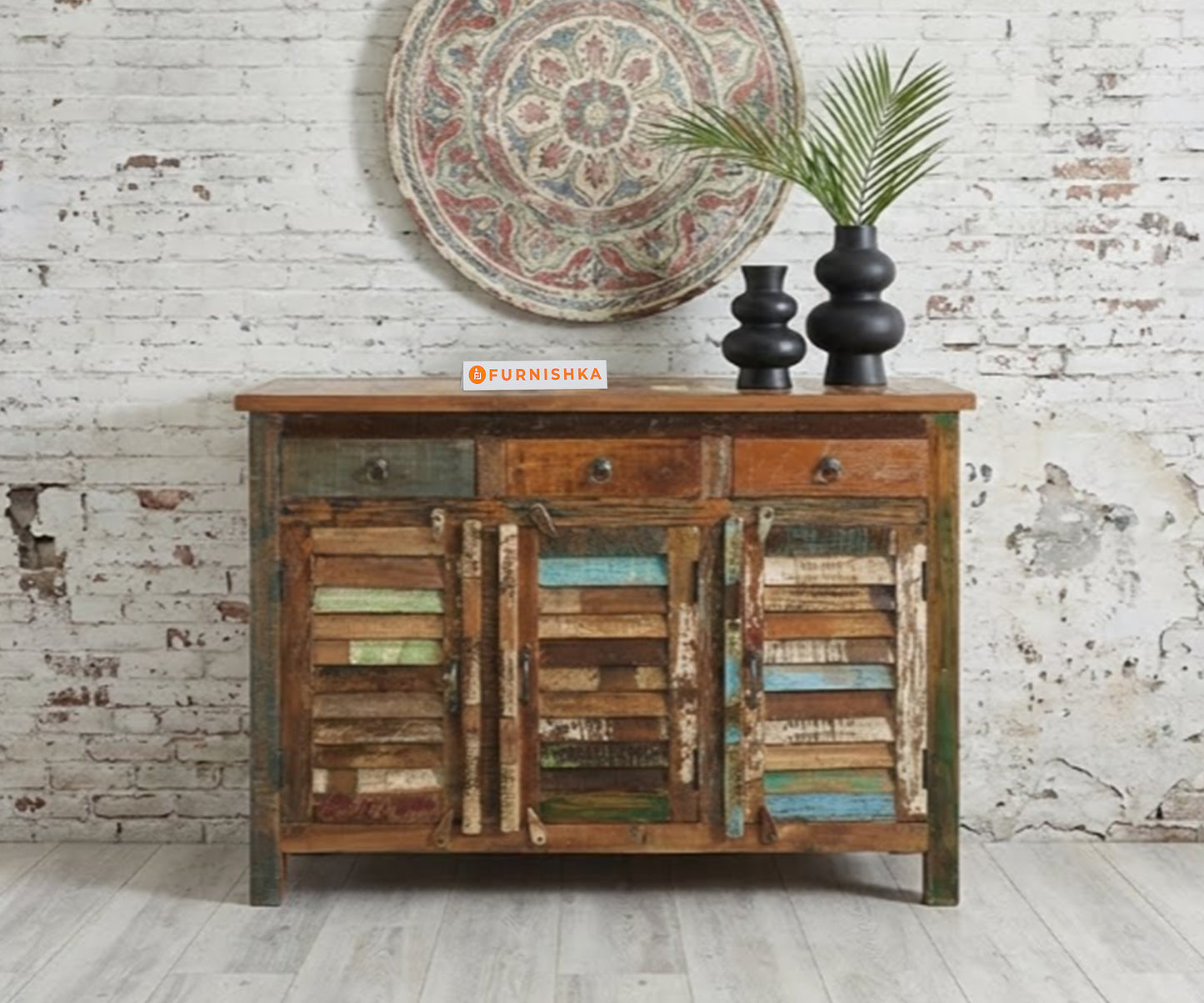 Rewo Three Door with 3 Drawer Side Board Reclaimed - Furnishka 