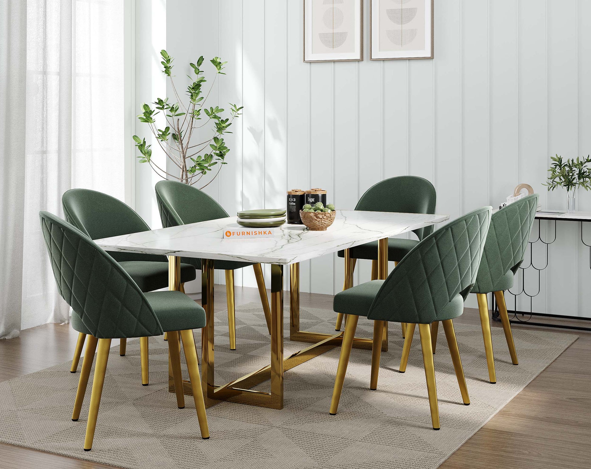 Rodano 6 Seater Dining Sets with White Engineered Marble Top - Furnishka 