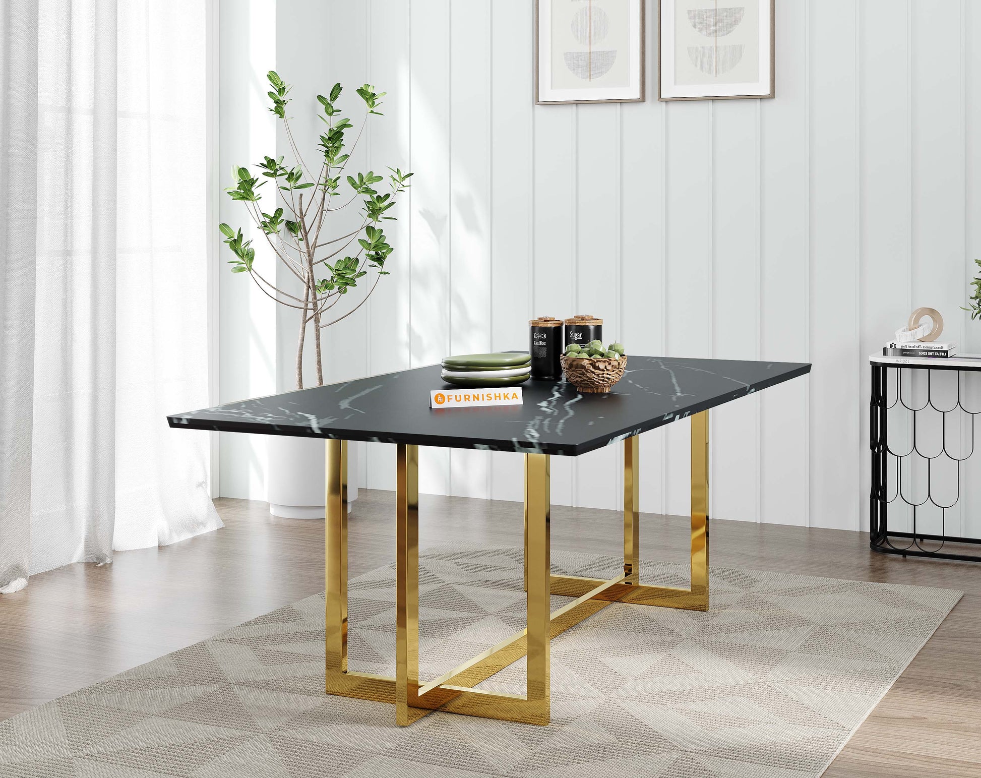 Rodano Dining Table with Black Engineered Marble Top - 4 Seater - Furnishka 