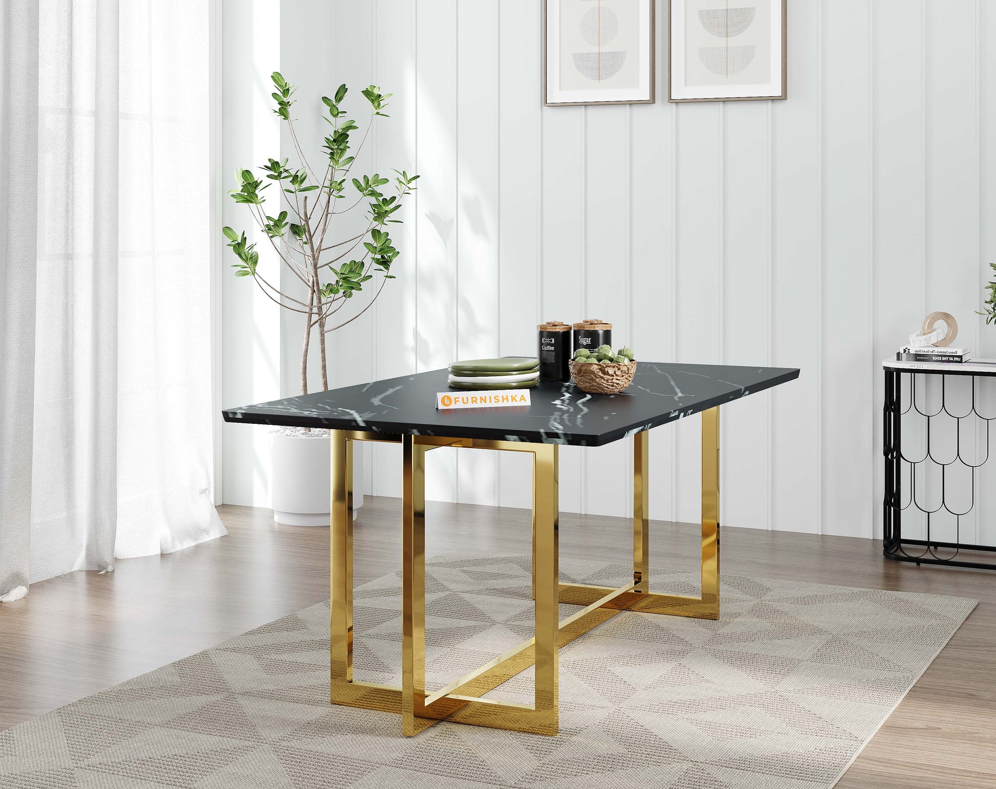 Rodano Dining Table with Black Engineered Marble Top - 4 Seater - Furnishka 