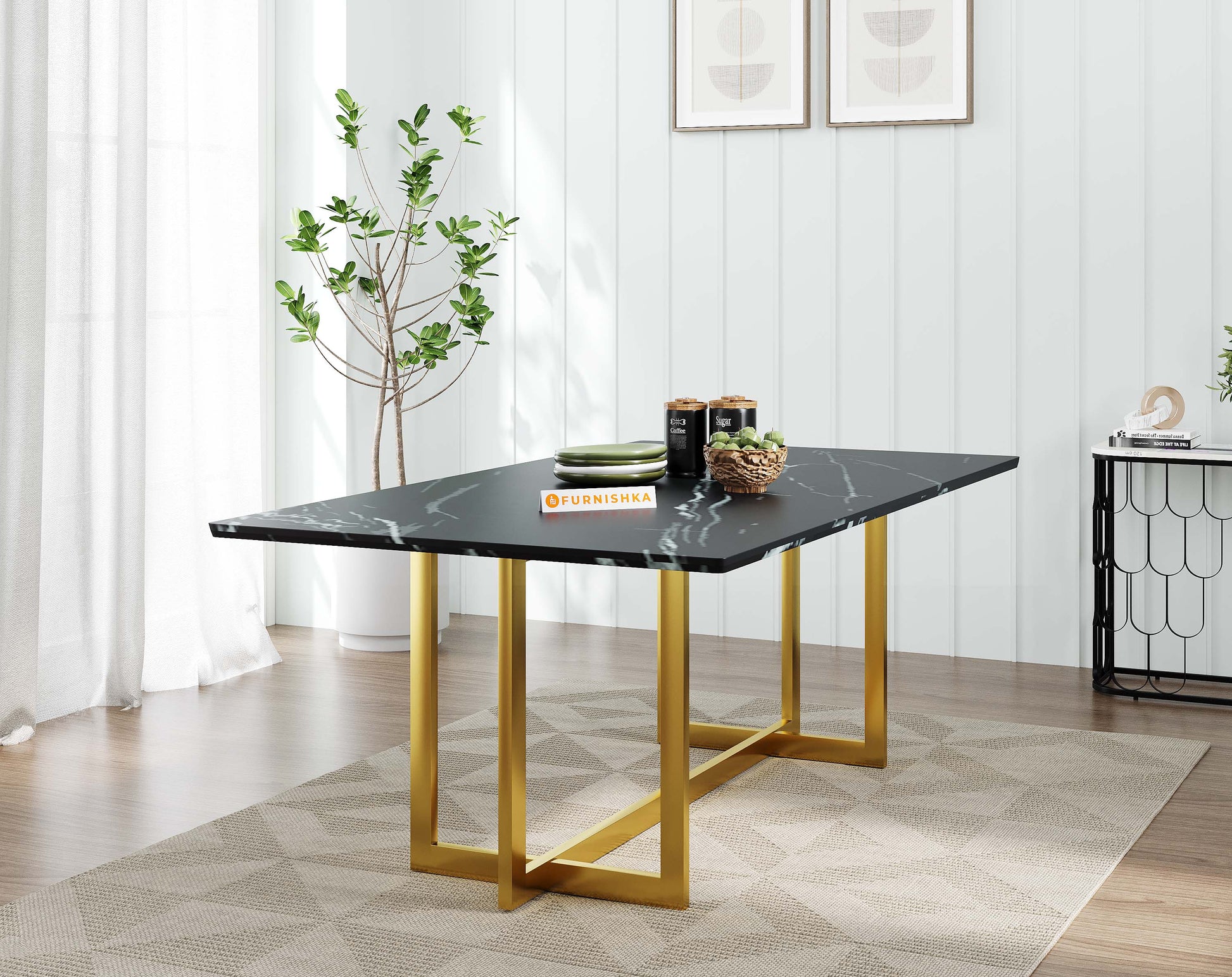 Rodano Dining Table with Black Engineered Marble Top - 6 Seater - Furnishka 