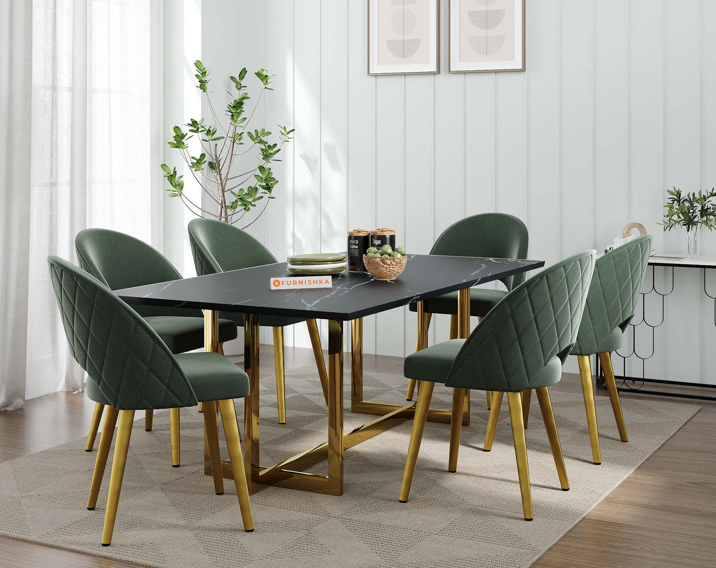 Rodano Dining Table with Black Engineered Marble Top - 6 Seater - Furnishka 