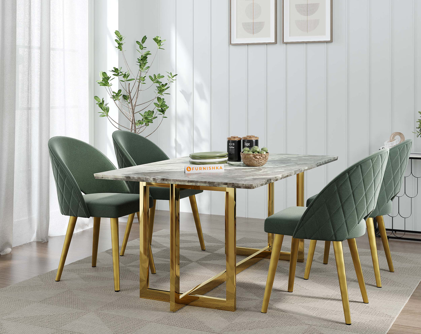 Rodano Dining Table with Green Choco Marble Top - 4 Seater - Furnishka 
