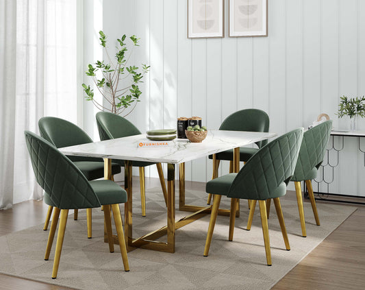 Rodano Dining Table with White Engineered Marble Top - 6 Seater - Furnishka 