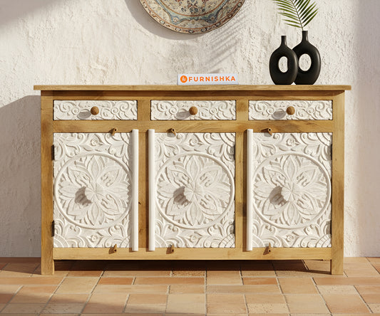 Round Floral Carved 3 shutters Door 3 drawers Distressed - Furnishka 