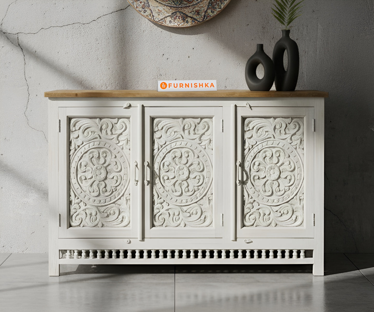 Round Floral Carved Cabinet Distressed - Furnishka 