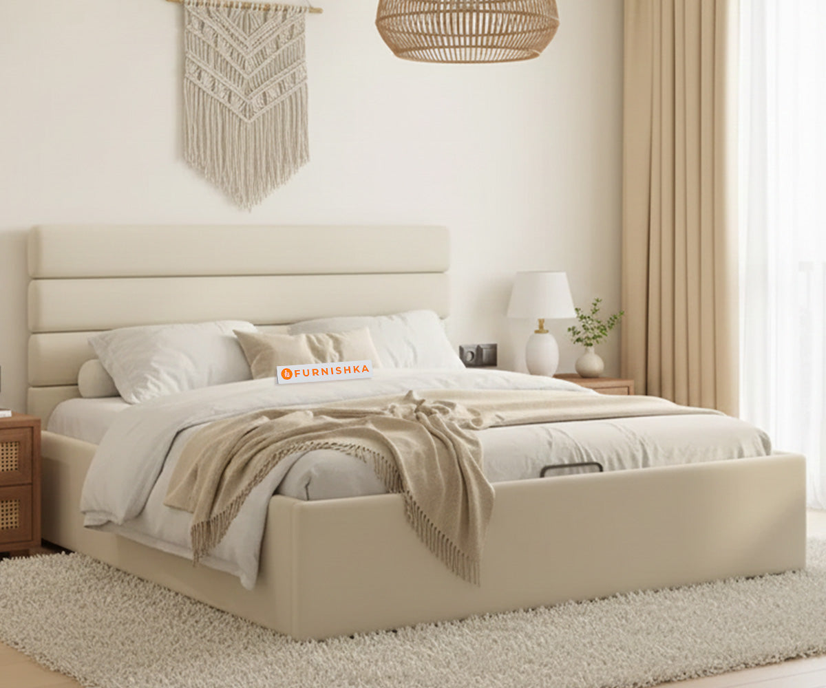 Rumi Fabric bed with Upholstered headboard Hydraulic Storage King Size -Light Beige - Furnishka