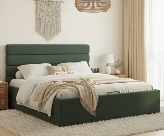 Rumi Fabric bed with Upholstered headboard Hydraulic Storage Queen Size-Pine Green - Furnishka