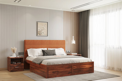 Niva Sheesham Wood bed with Upholstered headboard Drawer Storge Queen Size