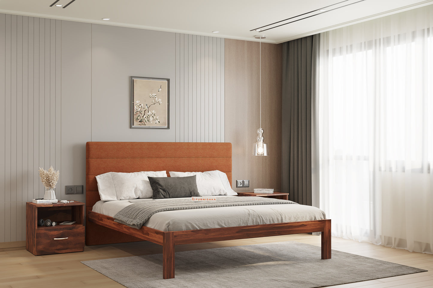 Niva Sheesham Wood bed with Upholstered headboard Non Storage King Size