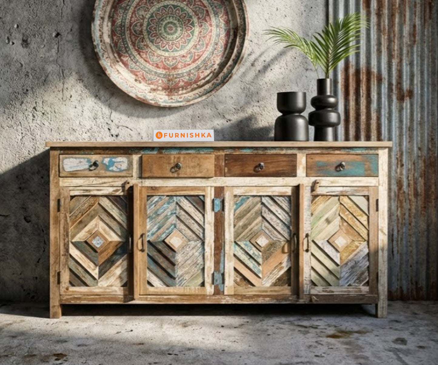 Rustiq Four Door with 4 Drawer Side Board Reclaimed