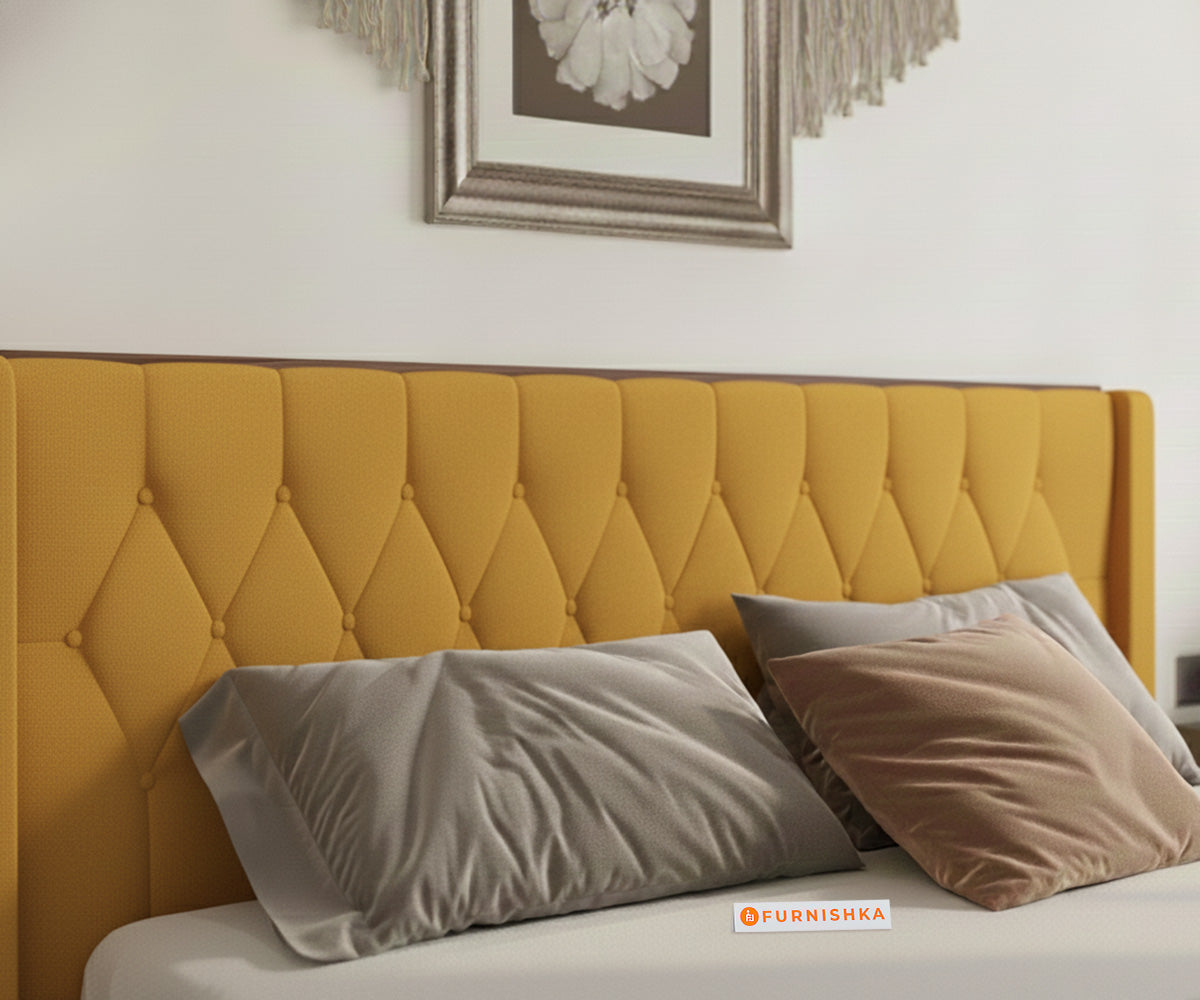 Samawi Fabric bed with Upholstered headboard Hydraulic Storage King Size - Mustard Yellow - Furnishka 