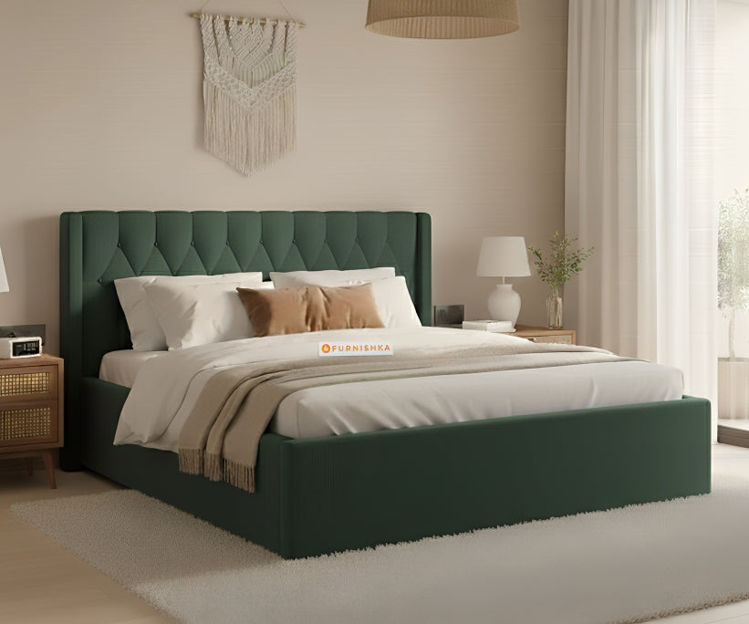 Samawi Fabric bed with Upholstered headboard Hydraulic Storage King Size - Pine Green - Furnishka 