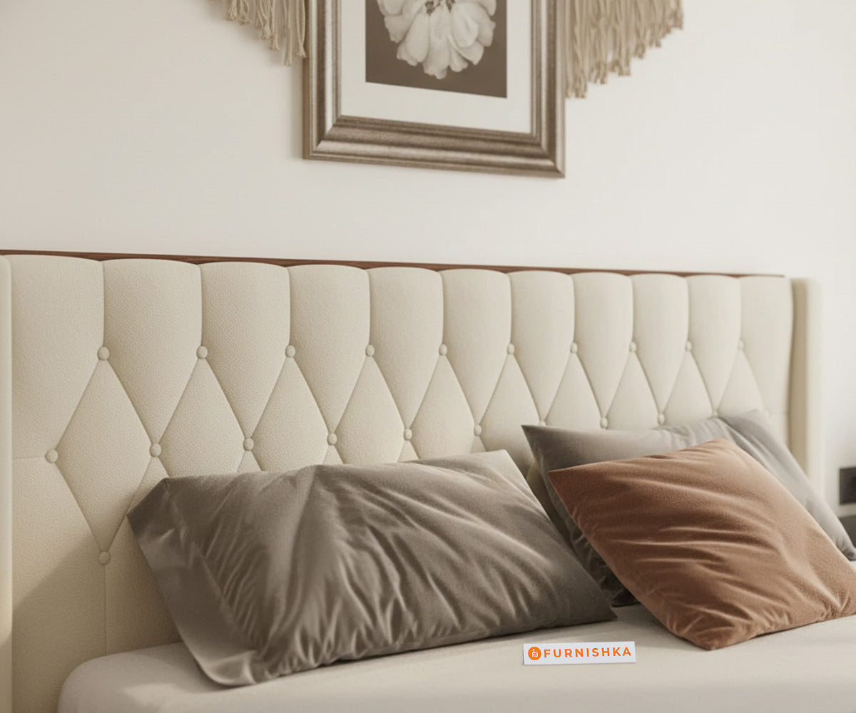 Samawi Fabric bed with Upholstered headboard Hydraulic Storage King Size - light beige - Furnishka 