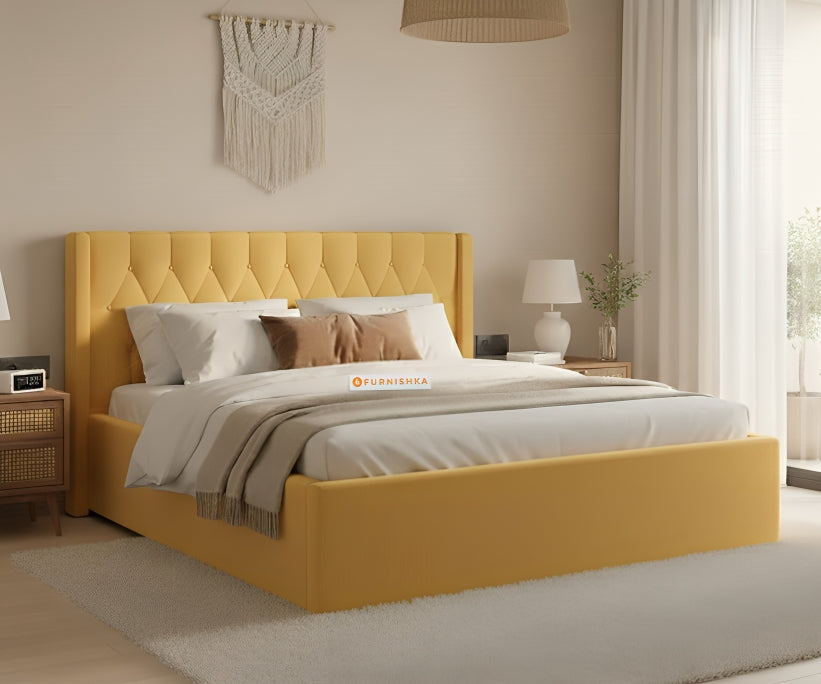 Samawi Fabric bed with Upholstered headboard Hydraulic Storage Queen Size - Mustard Yellow - Furnishka 