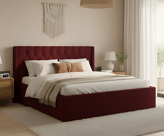 Samawi Fabric bed with Upholstered headboard Hydraulic Storage Queen Size - Red Wine - Furnishka