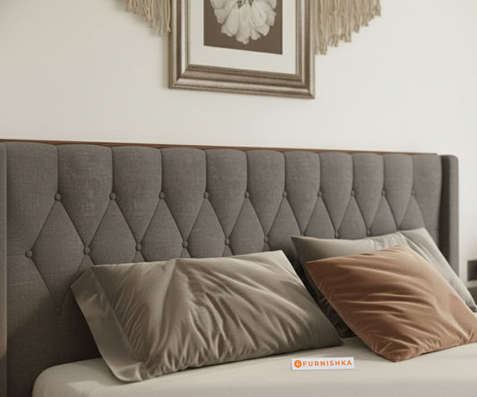 Samawi Fabric bed with Upholstered headboard Hydraulic Storage Queen Size - Space Grey - Furnishka 