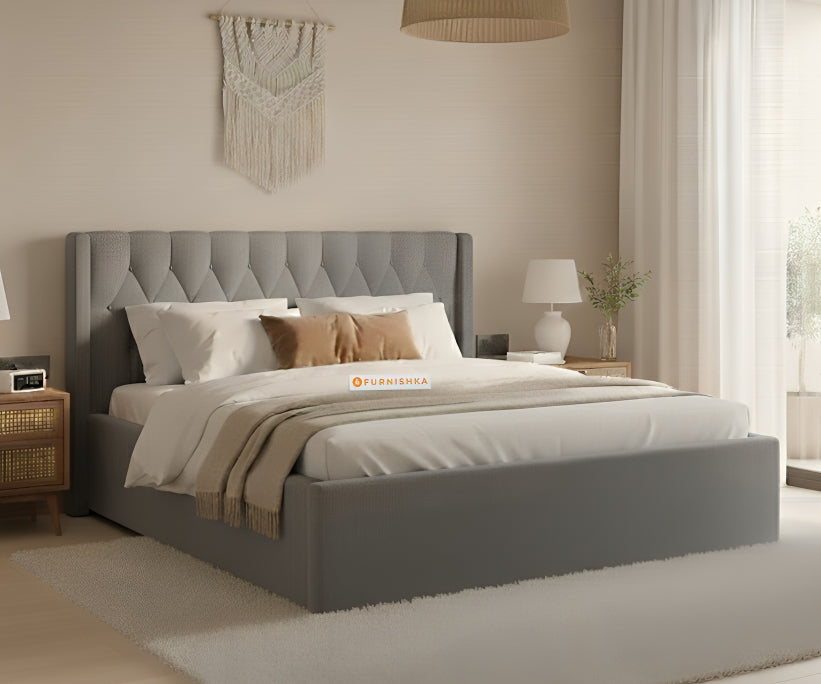 Samawi Fabric bed with Upholstered headboard Hydraulic Storage Queen Size - Space Grey - Furnishka 