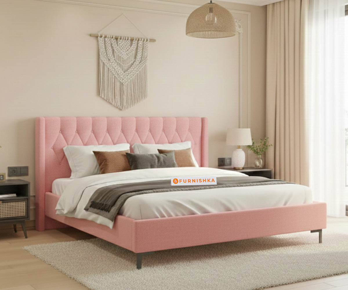 Samawi Fabric bed with Upholstered headboard Non Storage Queen Size - Flamingo pink - Furnishka 