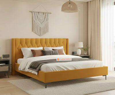 Samawi Fabric bed with Upholstered headboard Non Storage Queen Size - Mustard Yellow