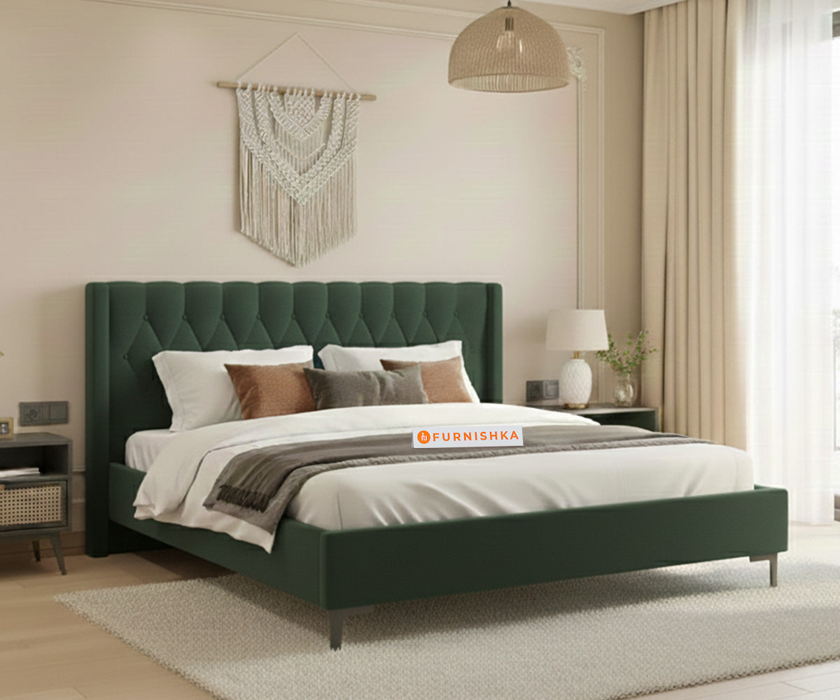 Samawi Fabric bed with Upholstered headboard Non Storage Queen Size - Pine green - Furnishka 