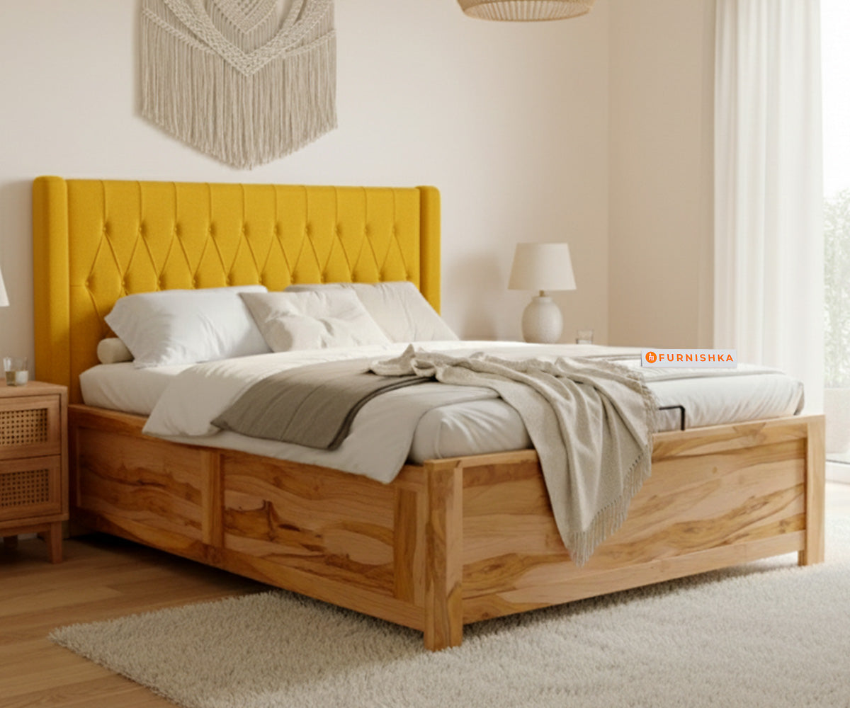 Samawi Real Teak Wood Hydraulic Bed King Size Mustard Yellow - Furnishka 