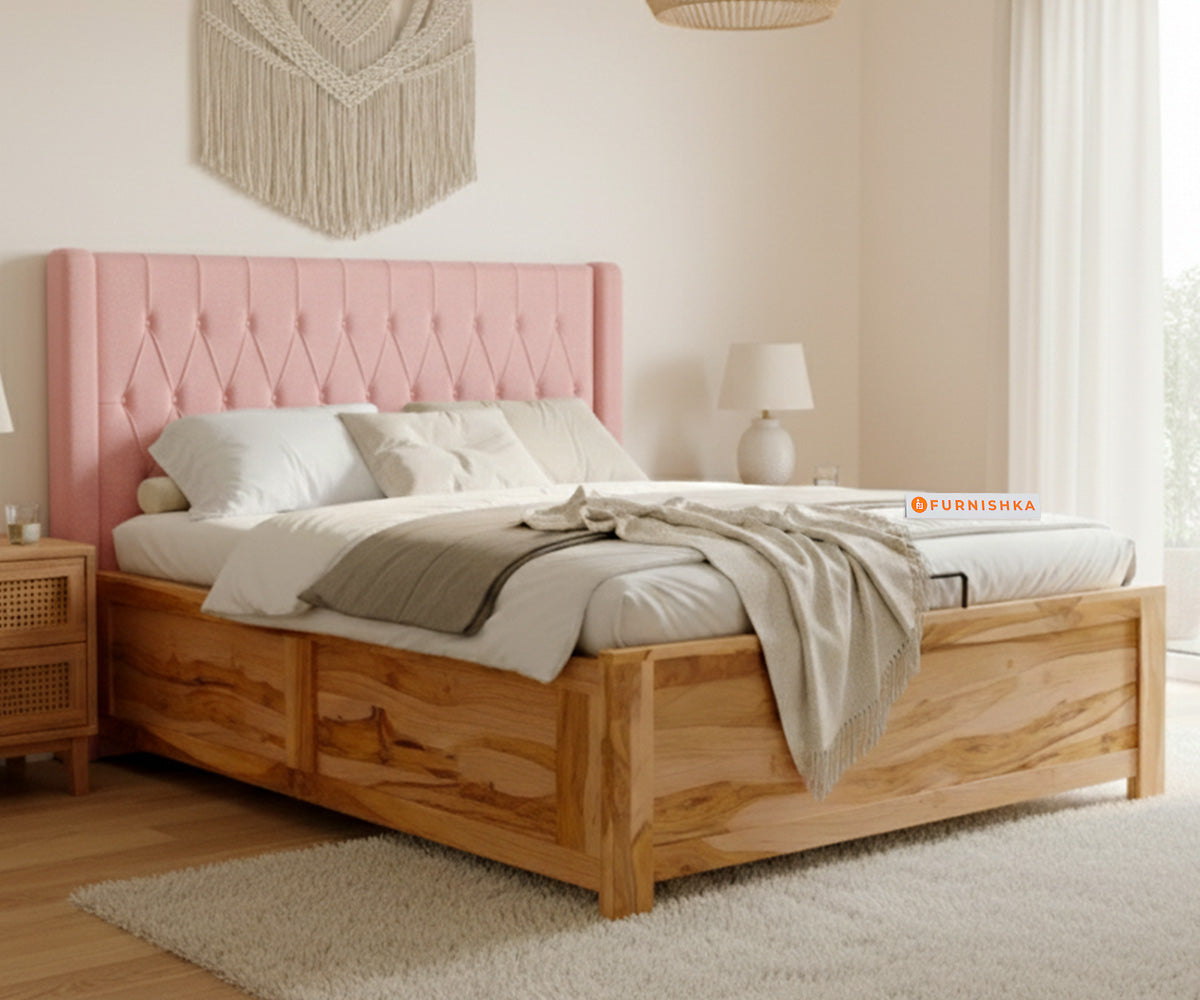 Samawi Real Teak Wood Hydraulic Bed Queen Size Flamingo Pink - Furnishka 