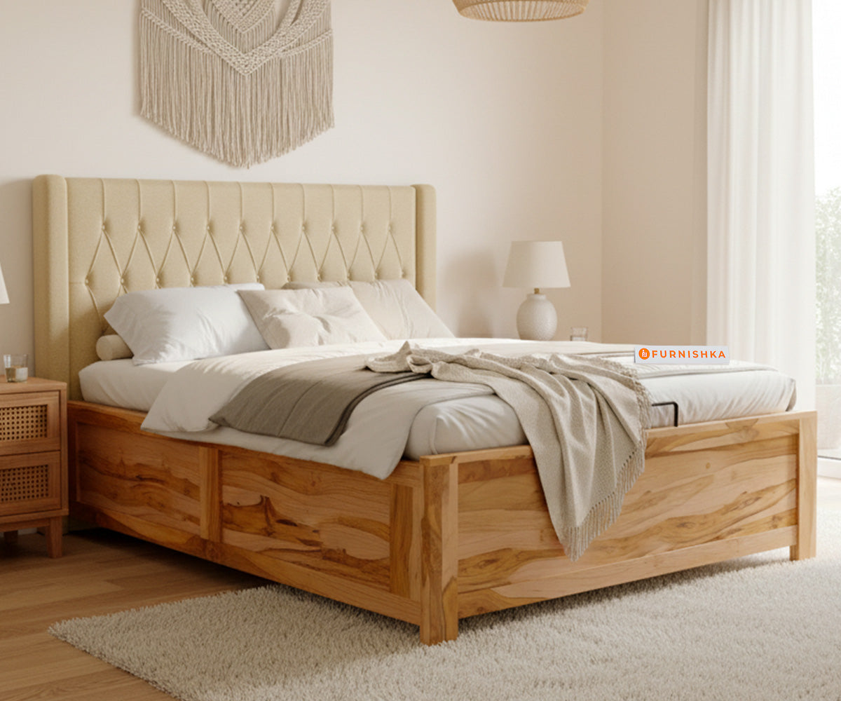 Samawi Real Teak Wood Hydraulic Bed Queen Size Light Beige - Furnishka 