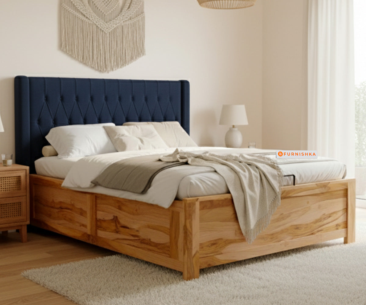 Samawi Real Teak Wood Hydraulic Bed Queen Size Persian Blue - Furnishka 