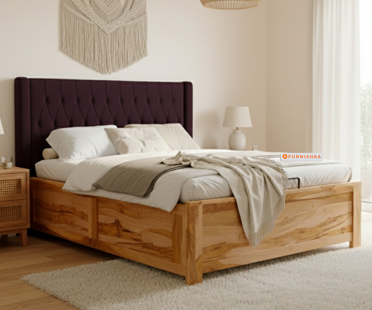 Samawi Real Teak Wood Hydraulic Bed Queen Size Red Wine - Furnishka 