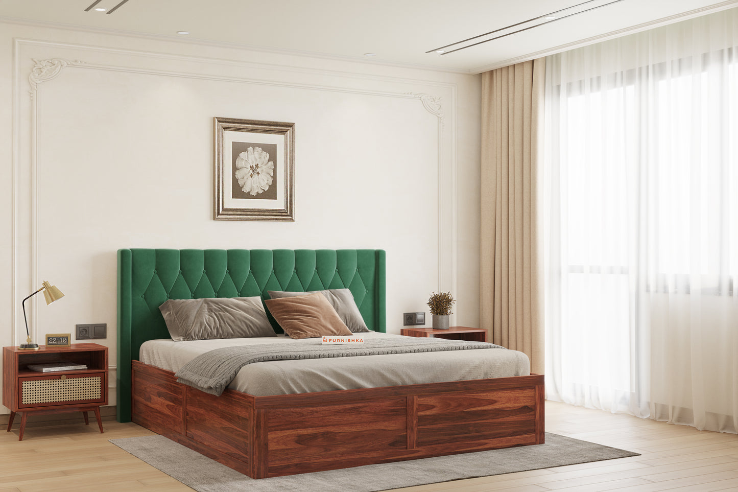 Samawi Sheesham Wood bed with Upholstered headboard Box Storage Queen Size - Furnishka 