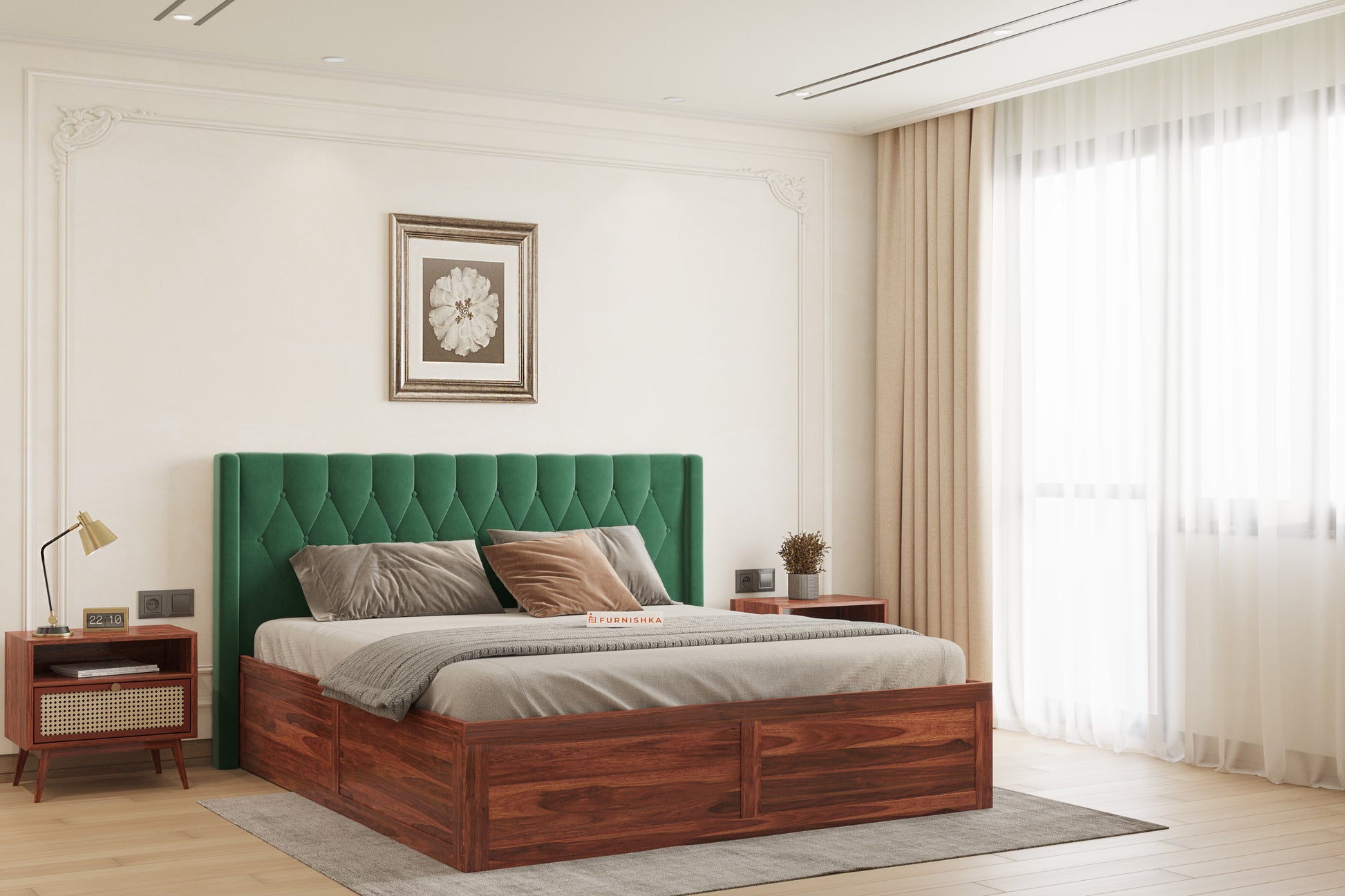 Samawi Sheesham Wood bed with Upholstered headboard Box Storage Queen Size - Furnishka 