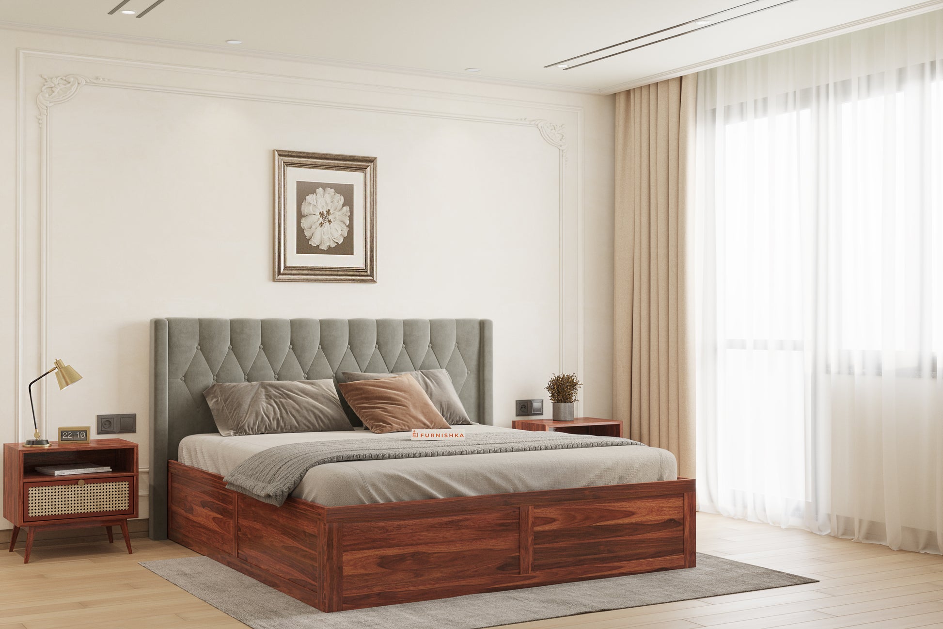Samawi Sheesham Wood bed with Upholstered headboard Box Storage Queen Size - Furnishka 