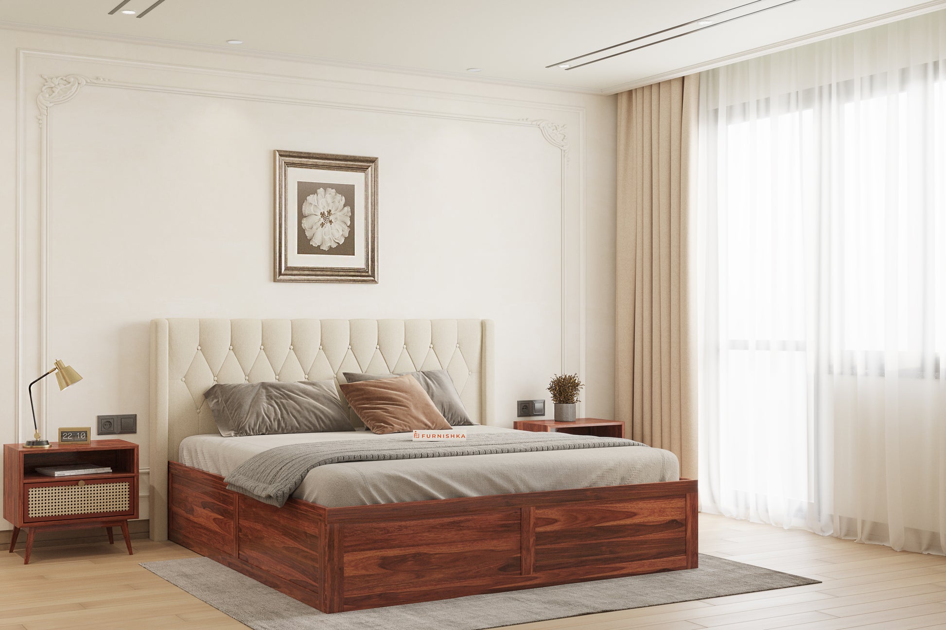 Samawi Sheesham Wood bed with Upholstered headboard Box Storage Queen Size - Furnishka 