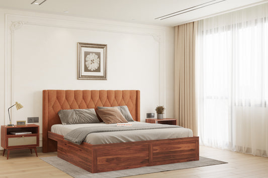 Samawi Sheesham Wood bed with Upholstered headboard Drawer Storge King Size - Furnishka 
