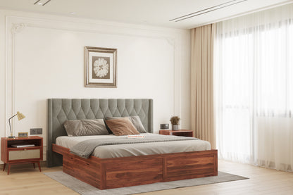 Samawi Sheesham Wood bed with Upholstered headboard Drawer Storge Queen Size - Furnishka 