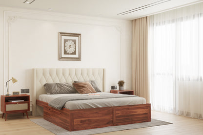 Samawi Sheesham Wood bed with Upholstered headboard Drawer Storge Queen Size - Furnishka 