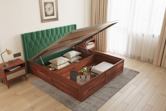Samawi Sheesham Wood bed with Upholstered headboard Hydraulic Storage King Size - Furnishka 
