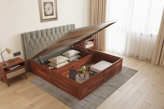 Samawi Sheesham Wood bed with Upholstered headboard Hydraulic Storage King Size - Furnishka 